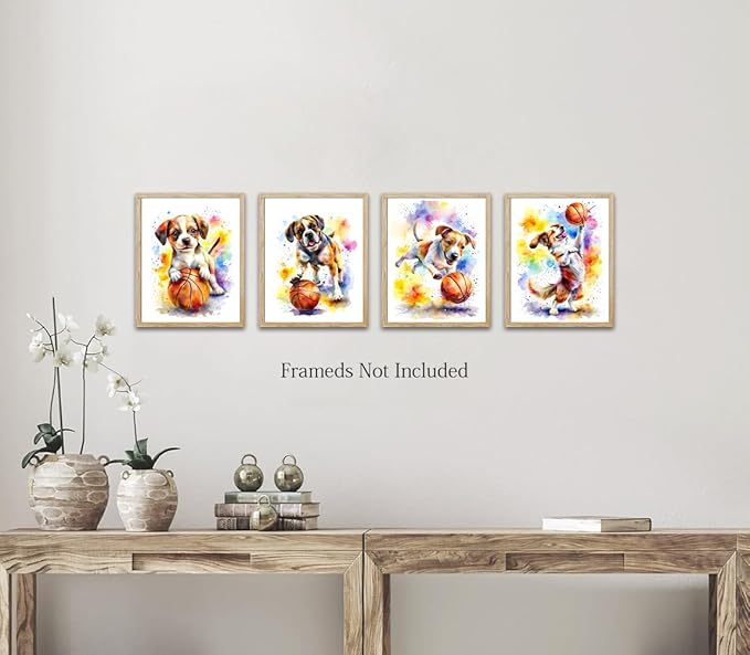 LNLAGBO Funny Dog Canvas Wall Art Prints,Watercolor Dog Plays Basketball Wall Art,Running Dogs Poster,Lovely Animal Decoration for Living Room Bedroom Office Set of 4(8"x10"Unframed)