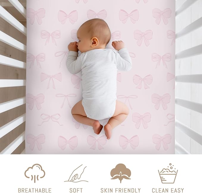 Pastel Pink Bows Baby Crib Sheets for Boys Girls Preppy Girly Ribbons Soft Snug Fitted Crib Mattress Covers for 52''x28'' Standard Crib & Toddler Mattress Cute Valentine Bows Nursery Bed Sheets