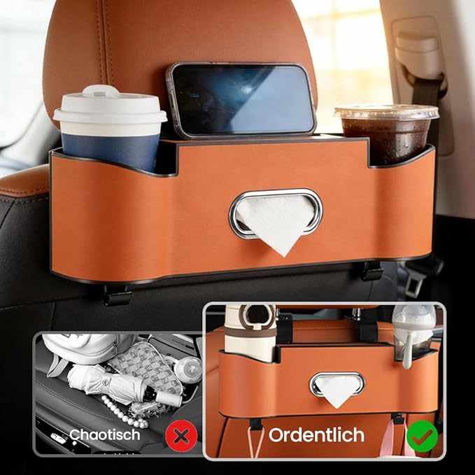 Back Seat Car Organizer with Cup Holder, 2026 New Backseat Car Organizer Back Seat, Multifunctional Car Seat Back Organizer Storage Box with Hooks & Tissue Box, for Drinks, Phone & Handbags (Red)