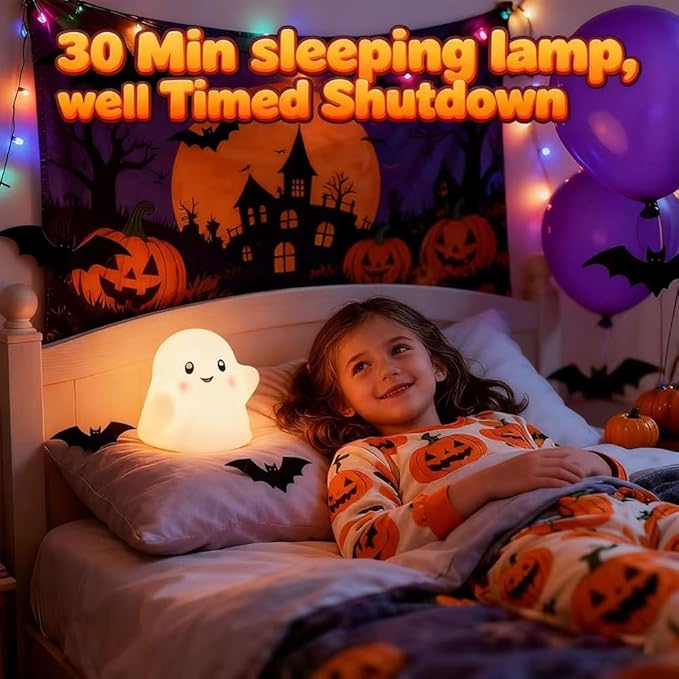 Ghost Night Light for Kids, Silicone Nursery Nightlight with 13 Interactive Sound Effects ,Halloween Decor Lamp Adjustable Dimmable Lamp with Touch Sensor Children's Christmas Gifts (white ghost）