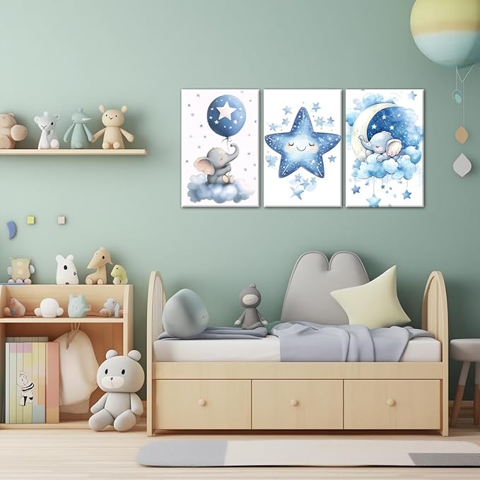 Nursery Canvas Wall Art Elephant Pictures Wall Decor Moon and Stars Painting Baby Boy Prints Cute Animal Poster Artwork for Kids Room Bathroom Decor Framed(Baby-1,16L x 24W x 3Pcs)