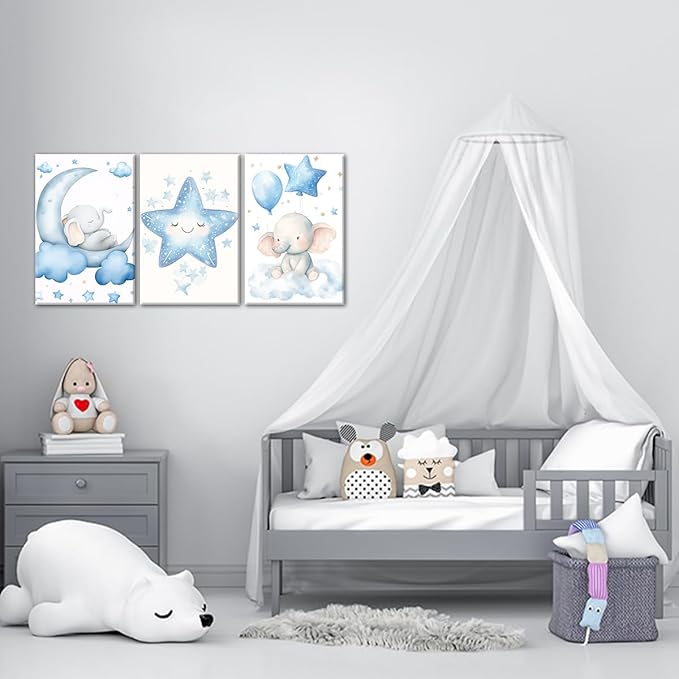 Nursery Wall Art Baby Boy Wall Decor Blue Elephant Moon and Stars Painting Prints Cute Animal Canvas Poster for Kids Room Decor Framed(Baby-2,24L x 36W x 3Pcs)
