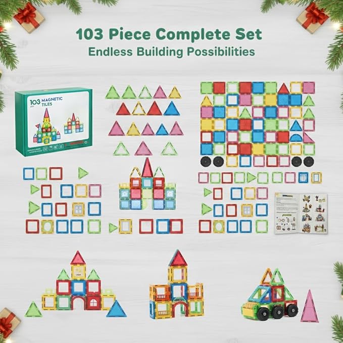 103 Piece Tiles Building Set for Kids Ages 3–8, Stem Educational Montessori Toy for Boys and Girls, Sensory Christmas Gift ImagiNation