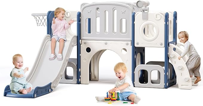 8 in 1 Toddler Slide,Kids Climber Slide with Storage Space and Non-Slip Steps,Indoor Outdoor Playset with Basketball Hoopa and Telescope,Slide for Toddlers Age 1-8 (White+Blue)