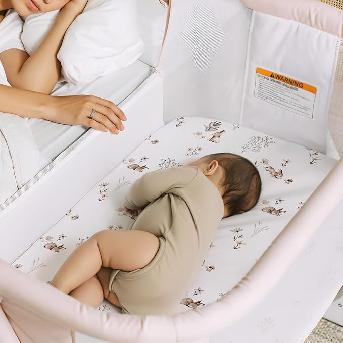 GRSSDER Stretch Ultra Soft Fitted Bassinet Sheet Set 2 Pack, Universal Fit for Bassinets Baby Cradle Moses Basket Oval Rectangle Mattress Safe and Snug, Stylish Watercolor Rabbit Pattern