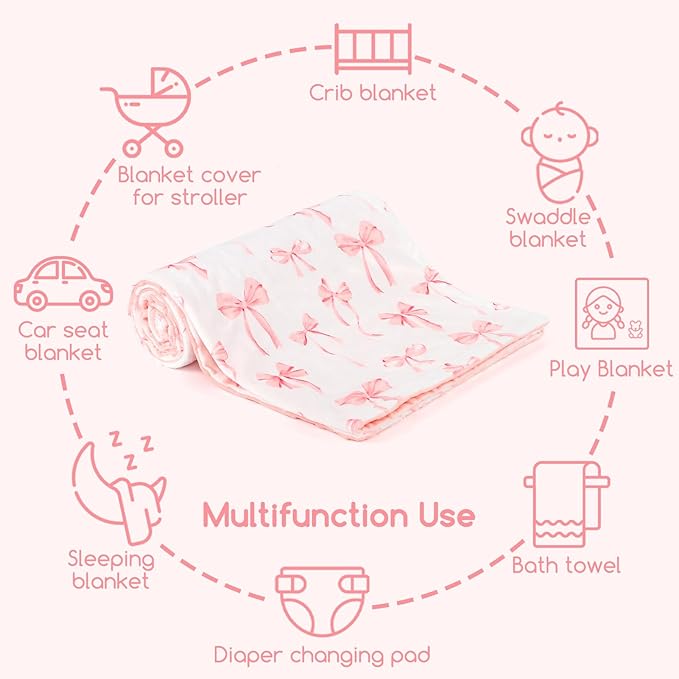 Baby Blankets for Girls, Toddler Newborn Blanket Double Layer with Dotted Backing Crib Receiving Blanket for Toddler Nursery Bed Blanket, Pink Bow, 30x40 Inches