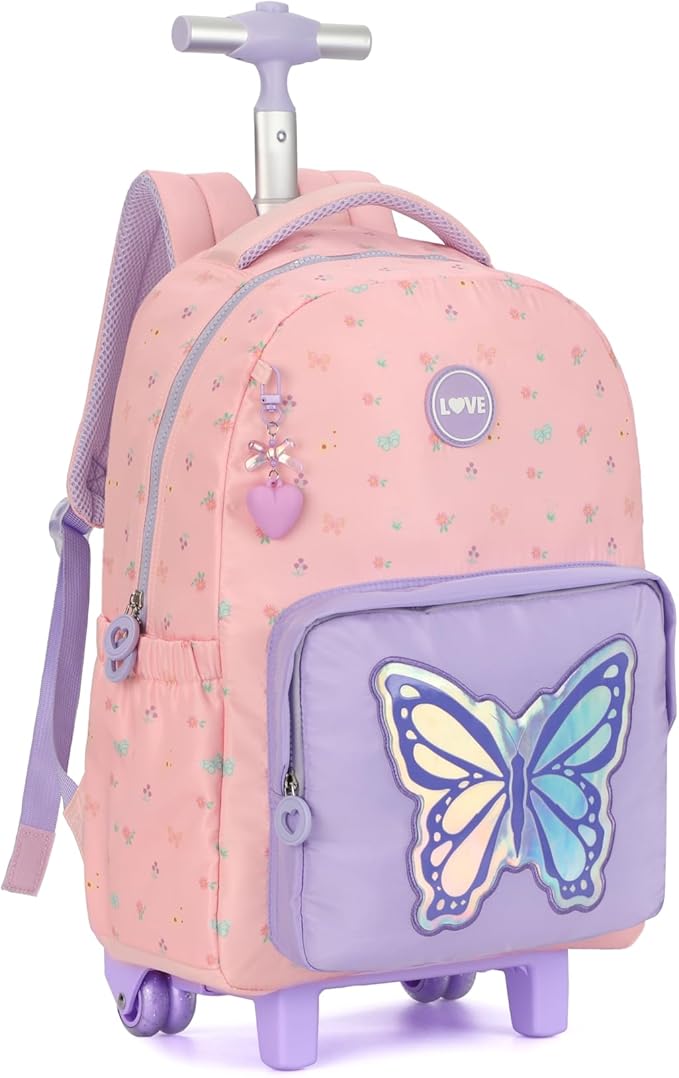 kingdisen Rolling Backpack for Women, 17 Inch Travel Backpack with Wheels, Vertical Storage Wheeled Laptop Backpack, Stylish Rolling Laptop Bag(BUTTERFLY PINK)