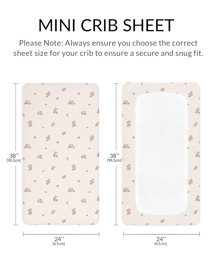 Mini Crib Sheets for Baby Boy Girl 2 Pack, Neutral Mini Crib Mattress Sheet 24" x 38", Muslin Nursery Bedding Soft and Breathable Comfort (Vintage Blossom & Pink)