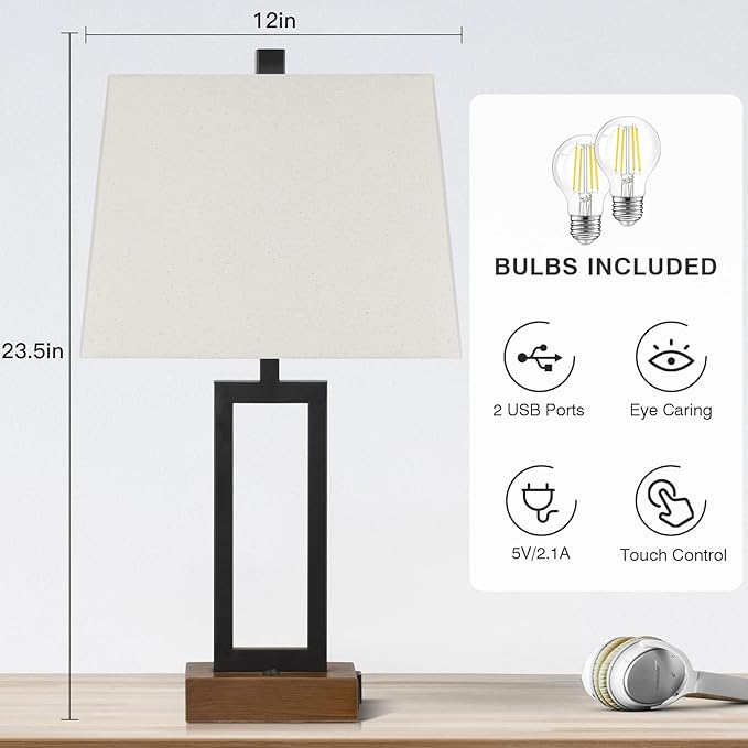 Lolikit Table Lamps Set of 2 with 2 USB Ports and AC Power Outlet, Modern Bedside Lamp, Wood Nightstand Lamp with Linen Shade for Living Room Bedroom End Table Hotel Desk(LED Bulb Included)