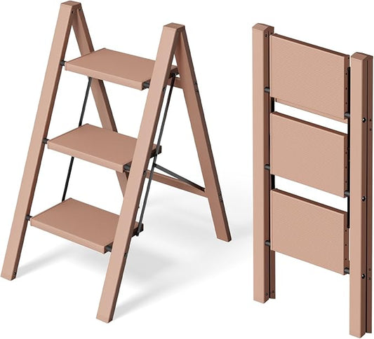 HillhutApex 3 Step Stool, Aluminum Foldable Step Ladder, Lightweight Stable Stool with Wide Non-Slip Pedals, 330lbs Bearing Capacity Ladder for Office,Home,Kitchen - Light Pink