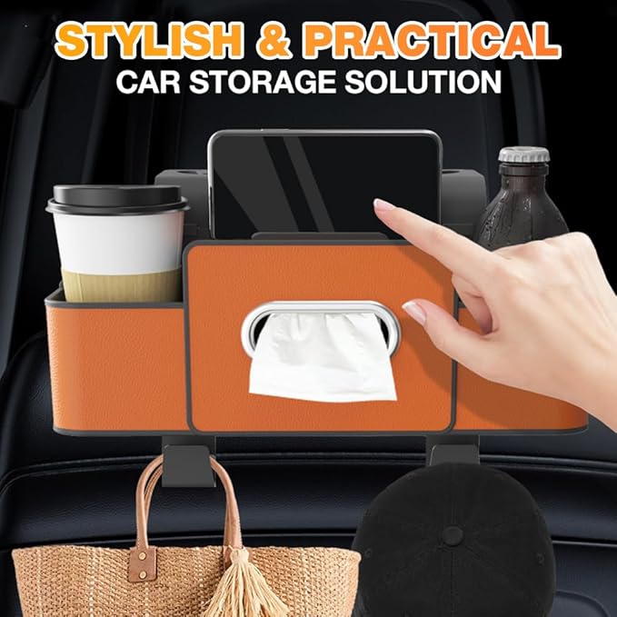 PETUPS 3-in-1 Car Backseat Organizer with Cup Holder, Tissue Box, Trash Bin & Hooks, 2026 Multifunctional Back Seat Car Organizer for Phones, Snacks, Drinks, and Handbags (brown)