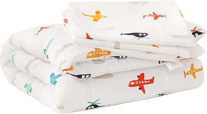 JSD Airplane Toddler Bedding Set, 4 Piece Bed-in-a-Bag Toddler Comforter Sheet Set, Machine Washable