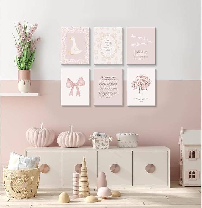 Nursery Christian Wall Art Bible Verse Prints Pink Girl Nursery Room Canvas Wall Decor Coquette Bow Poster Jesus Boho Scripture Pictures Vintage Floral Artwork for Bedroom 12x16x6 Inch Wrapped Canvas