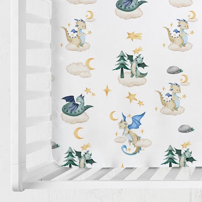 Cartoon Fairy Tale Dragon Moon Stars Clouds Trees Baby Crib Sheets 52''x28'' Watercolor Dragons Stretchy Fitted Crib Mattress Cover for Boy Girl Soft Bed Sheet for Standard Crib Toddler Mattress