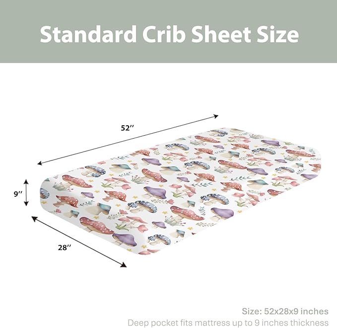 Fairytale Mushroom Baby Crib Sheets for Boy Girl 52x28Inch Colorful Mushrooms Floral Leaves Soft Snug Fitted Crib Mattress Cover Magical Plant Baby Sheet for Standard Crib & Toddler Bed Mattress