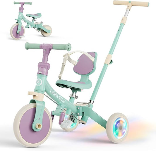 5-in-1 Tricycle for Toddlers 1-3, Convertible Toddler Bike with Push Handle & Removable Pedals, Balance Bike with Colorful Lighting Wheels, Adjustable Seat Height with Backrest(Green-Purple)