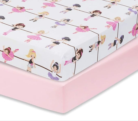 Everyday Kids 2 Pack Fitted Girls Crib Sheet, 100% Soft Breathable Microfiber Baby Sheet, Fits Standard Size Crib Mattress 28in x 52in, Nursery Sheet - Ballerina/Pink