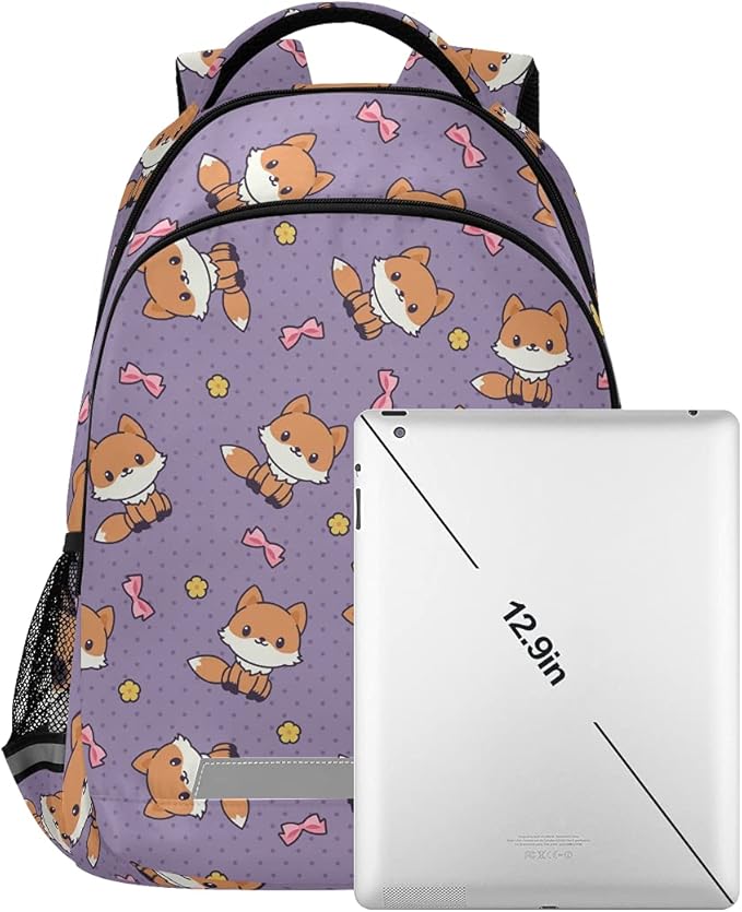 MNSRUU School Backpack with Chest Strap, Cute Cartoon Fox Laptop Backpack, Travel Hiking Backpack for Boys Girls, Rucksack, Knapsack