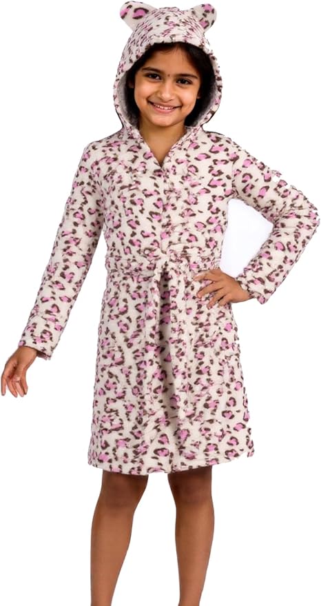 Kids Toddler Cartoon Hooded Plush Robe Leopard Pajamas Fleece Bathrobe Children Sleepwear