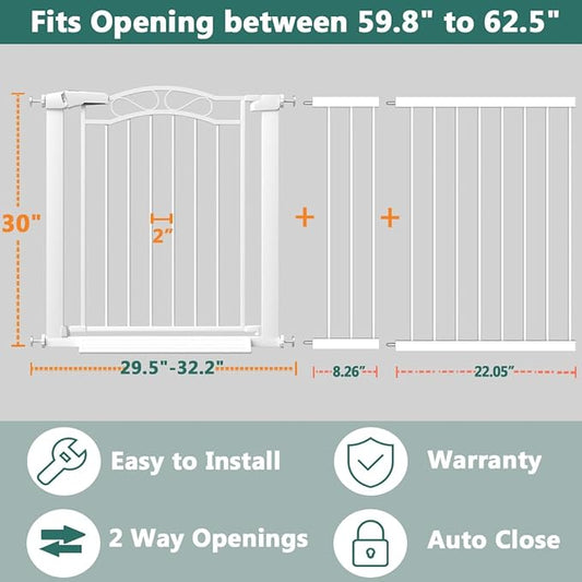 Fairy Baby 59.8"-62.6" Extra Wide Press Mounted Baby Gate Indoor for Kids Or Pets Walk Thru No Drill Long Dog Gates for The House Doorway Child Safety Gate