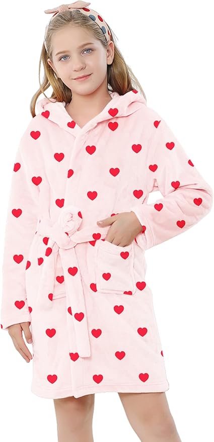 Umeyda Girls & Women Fleece Hooded Robes, Soft Fuzzy Bathrobe Warm Plush Fluffy Bath Robe for Kids Womens