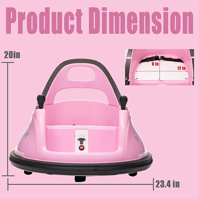 FINITO 12V Ride On Electric Bumper Car for Toddlers with Remote Control, 360 Degree Spin, LED Lights, Music, Safety Belt for Age 3+ Years Kids, Gift for Boys and Girls, Pink