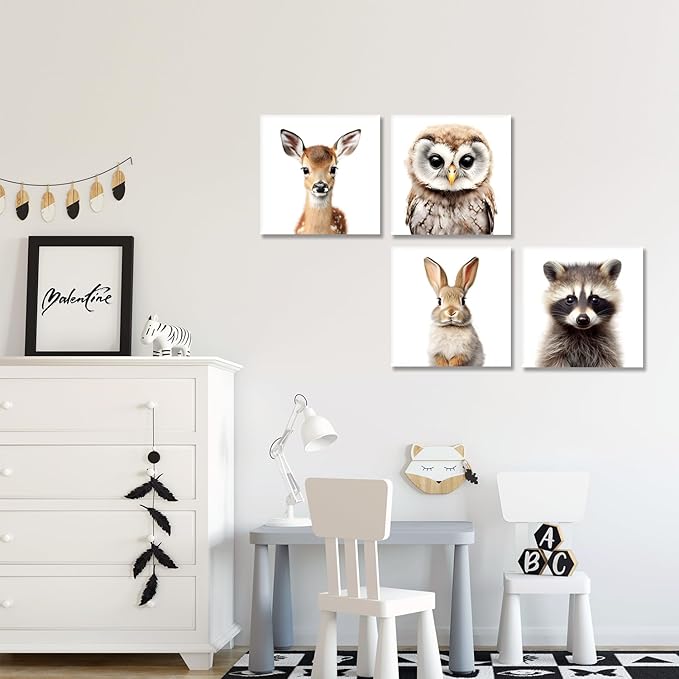 GLOKAKA Nursery Decor Animals Print Painting Kids Canvas Wall Art Baby Room Funny Decor Poster Kids Bedroom and Playroom Decoration,Gallery Wrapped,4 Panels