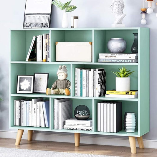 IOTXY Wooden Open Shelf Bookcase - 3-Tier Floor Standing Display Cabinet Rack with Legs, 8 Cubes Bookshelf, Tiffany-Green | Display Cabinet, Rack, with Legs, Bookshelf