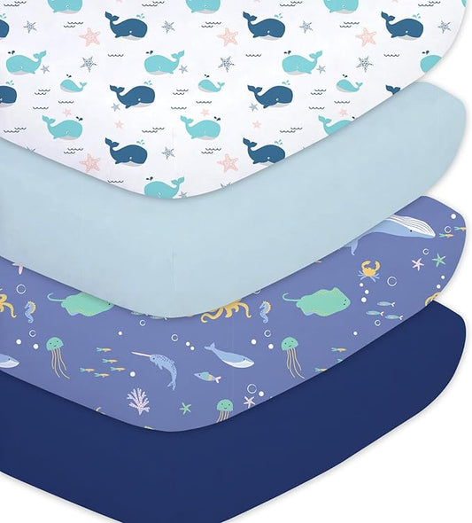 Little Grape Land Crib Sheets Baby Toddler Sheets 4 Pack Fitted for Boys Girls, Standard Size 28x52‘’ Crib Mattress, Super Soft Breathable Washable Microfiber (Whale/Shell Blue/Ocean/Navy)
