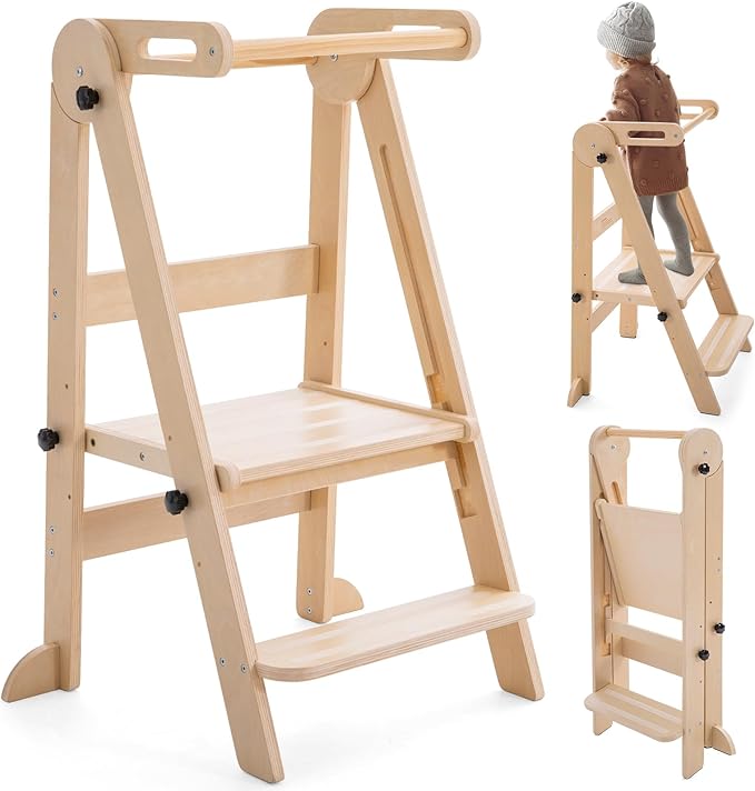 Gewitt Foldable Toddler Tower - Kitchen Step Stool Helper for Kids 1-6 Years, Montessori Toddler Standing Tower with 3 Adjustable Height for Kitchen Counter Bathroom