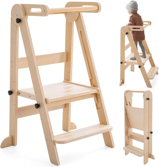 Gewitt Foldable Toddler Tower - Kitchen Step Stool Helper for Kids 1-6 Years, Montessori Toddler Standing Tower with 3 Adjustable Height for Kitchen Counter Bathroom