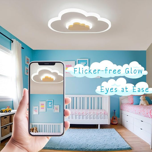 LED Ceiling Light 26W Wood Cloud Cartoon Kids Ceiling Light 15.74in Kids Room Light fixtures Ceiling Mount 3000-6500K with nightlight Ceiling Lamps for bedrooms Girl Boy Nursery Toys Room