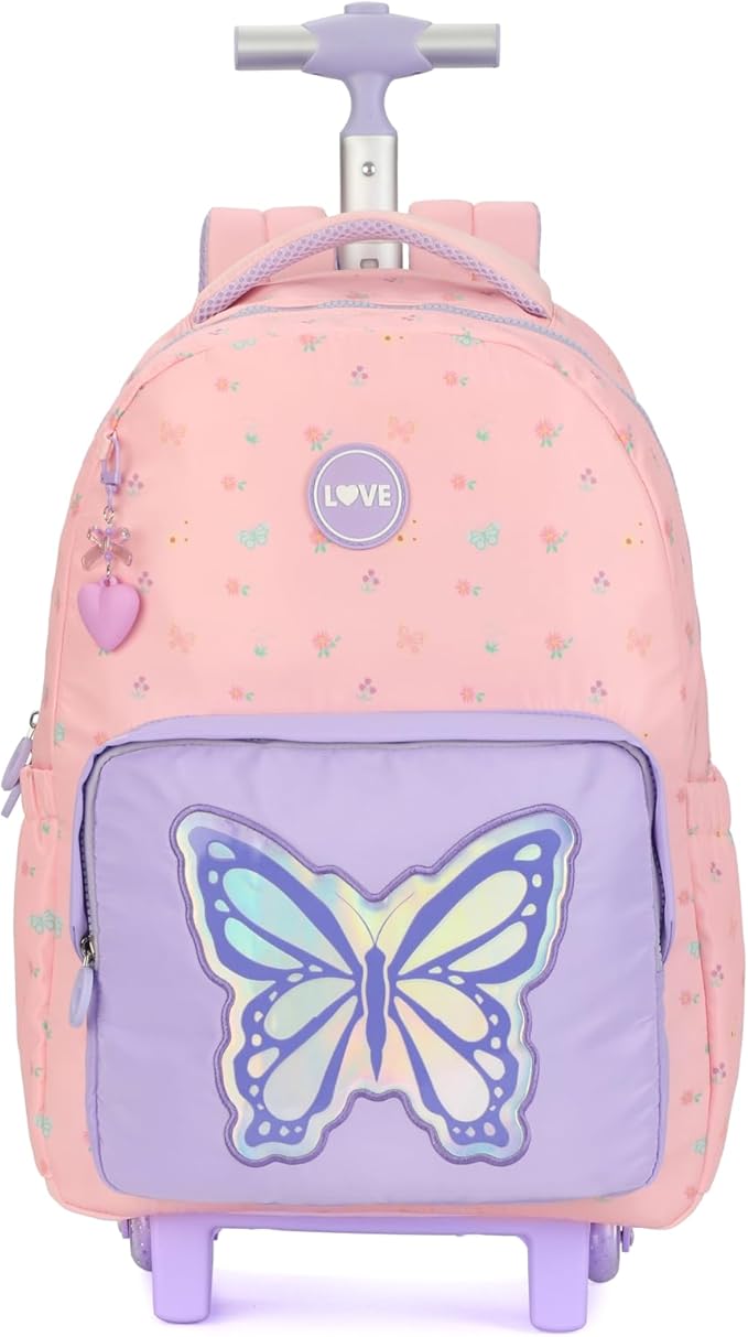 kingdisen Rolling Backpack for Women, 17 Inch Travel Backpack with Wheels, Vertical Storage Wheeled Laptop Backpack, Stylish Rolling Laptop Bag(BUTTERFLY PINK)
