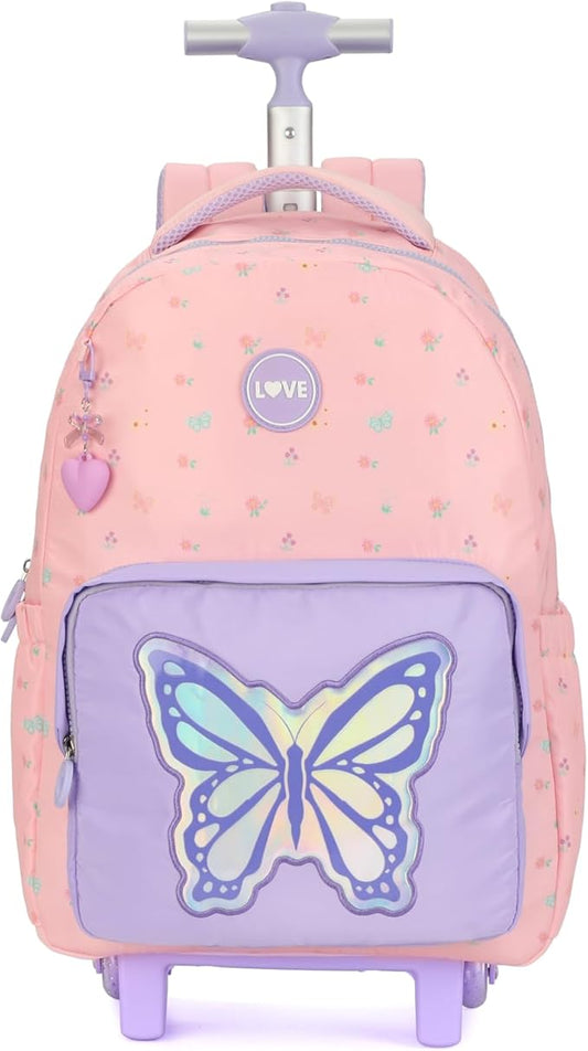 kingdisen Rolling Backpack for Women, 17 Inch Travel Backpack with Wheels, Vertical Storage Wheeled Laptop Backpack, Stylish Rolling Laptop Bag(BUTTERFLY PINK)