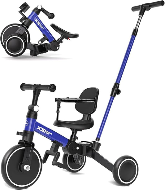 XJD Toddler Bike, 6 in 1 Folding Toddler Tricycle for 1-4 Year Old with Parental Control Handle, Balance Bike with Removable Pedal, Backrest, Adjustable Seat, First Birthday Gifts (Blue)