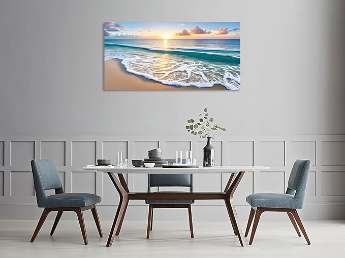 KUNHAAH Wall Art Canvas Painting Sunset Waves on The Beach 1 Piece Colorful Sky and Sparkling Clouds on The Sea Surface Picture Poster Print Framed Ready to Hang for Living Room Bedroom 71x36inch