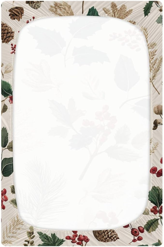 Beige Holly Leaves Pine Needles Pinecones Crib Sheets Standard Crib Toddler Mattresses Cover Fitted Baby Bed Sheet Breathable Crib Mattress Sheet for Girls Boys 39''x27''x9''