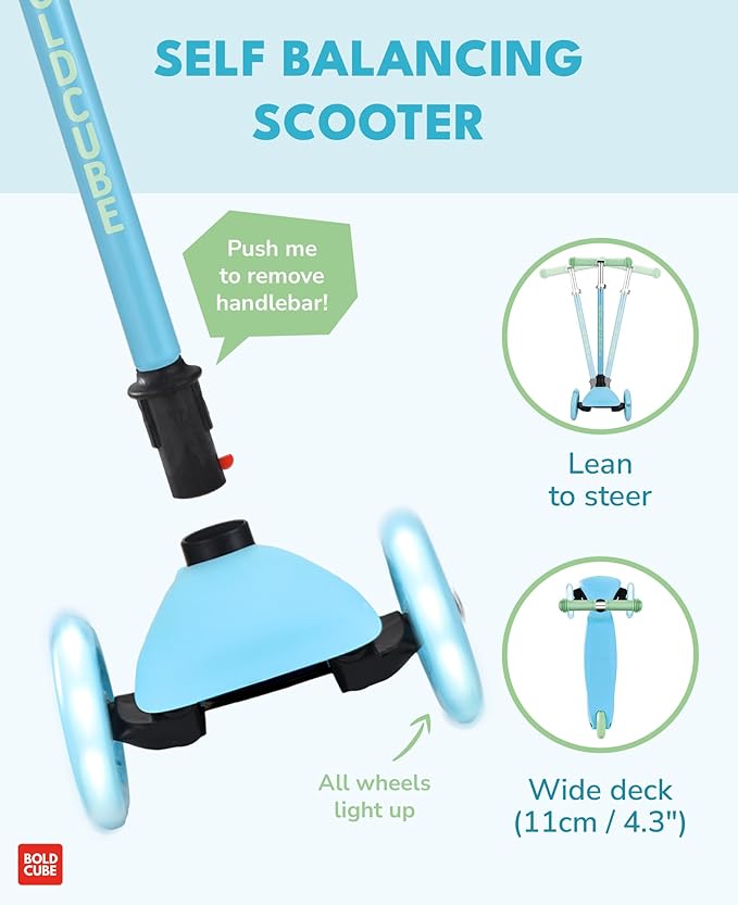Teeny | 3 Wheel Mint Scooter for Kids & Toddlers Ages 3-6 Years | Flashing Wheels | Height Adjustable 53 to 70 cm | My First Scooter