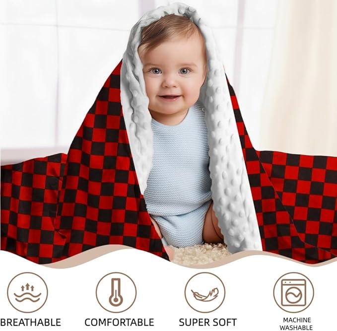 2 Pack Soft Black and White Checkered Baby Blankets for Unisex Girls or Boys Breathable Gender Neutral Nursery Double Layer Blankets with Dotted Backing for Newborn Toddlers (Red and Black)