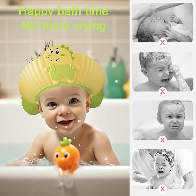Baby Shower Cap Shield, Shower Cap for Kids, Visor Hat for Eye and Ear Protection for 0-9 Years Old Children, Cute Little Dinosaur Shape Makes The Baby Bath More Fun (Yellow)