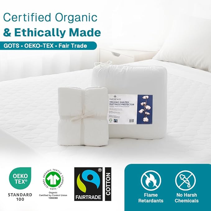 FABDREAMS Organic Quilted Mattress Protector Twin Size | Mattress Pad| Mattress Cover| Naturally Breathable | Noiseless| Fits up to 17" Deep Pockets| Temperature Regulating | Twin | White