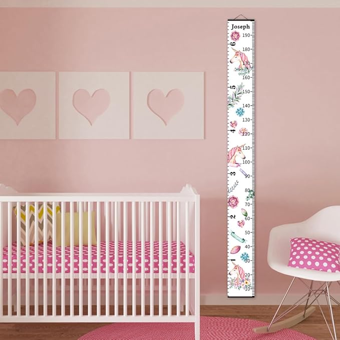 Personalized Growth Chart for Kids, Baby Height Chart with Custom Name, 77"x7.9" Canvas and Black Wood Height Measuring Rulers for Boys Girls Removable Wall Ruler Hanging for Nursery Decor - Unicorn