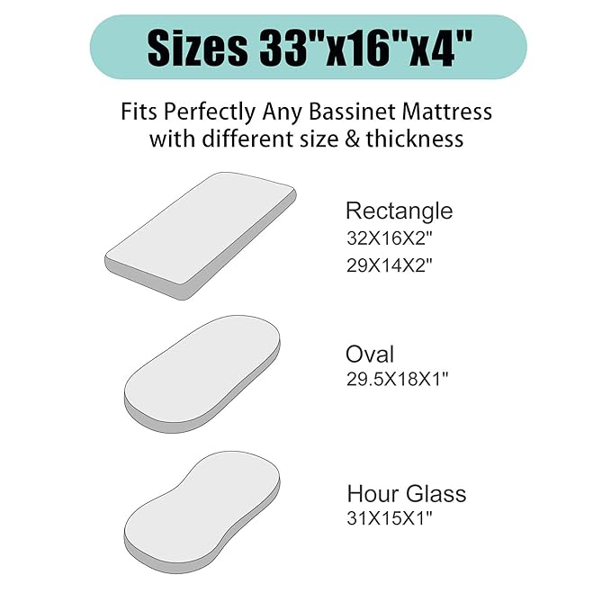 TILLYOU Baby Bassinet Sheets for Girls Boys, Fit for Hourglass Oval Rectangle Bassinet Mattress Sheets, 33”X16”, 2 Pack Grey Clouds