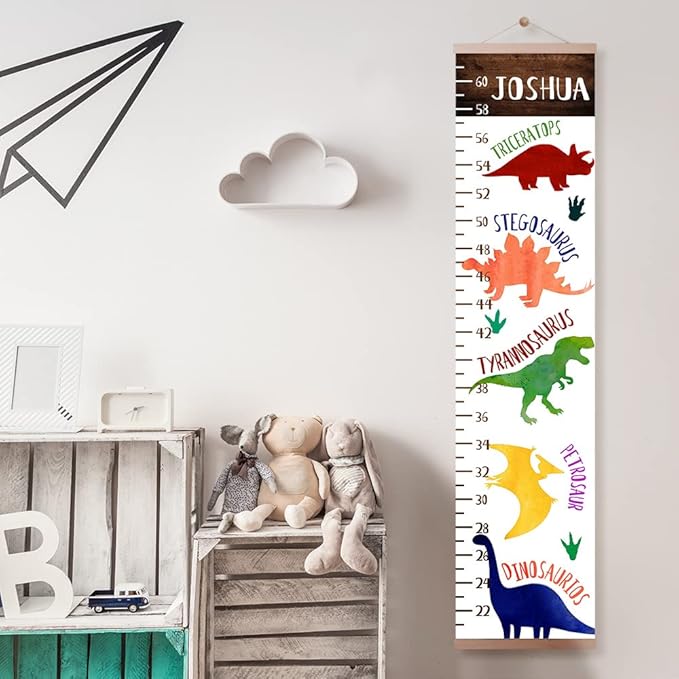 Personalized Name Kids Growth Chart Ruler Flower Dinosaur Growth Ruler Canvas Wall Ruler Oak Solar Woodland Theme Kids Height Chart Baby Wall Growth Chart with Custom Name (Dinosaur)