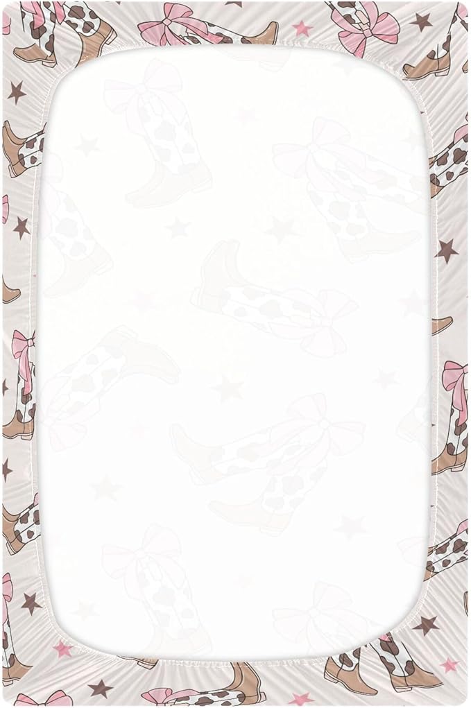 Bows Cowgirl Boots Western Crib Sheets Soft Breathable Fitted Baby Crib Sheets Mattress Cover for Girl Boys, 52" x 28" x 9"