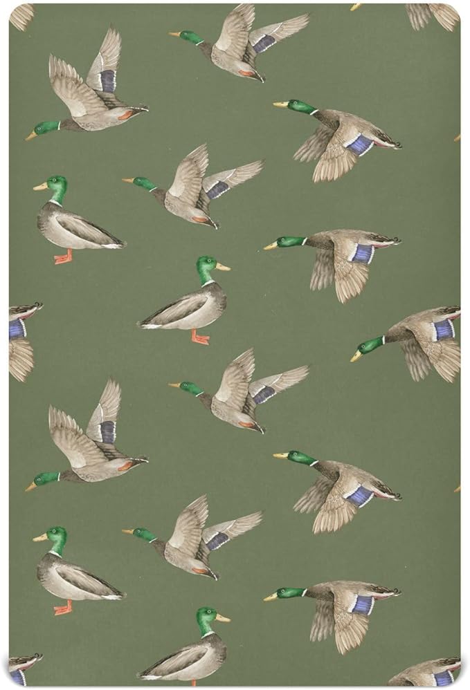 Fitted Crib Sheets for Baby Boys or Girls Soft Breathable Baby Play Yard Sheet for Standard Size Crib Mattress 52x28in Birds Wild Ducks Drake on Green Background