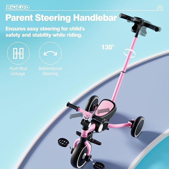 Ridego 5 in 1 Tricycle for Toddlers 3-5 Years Old,Foldable Toddler Bike with Push Handle and Cup Holder, Ideal Balance Bike and Birthday Gifts for 2 3 4 5 Year Old Boys Girls,Pink