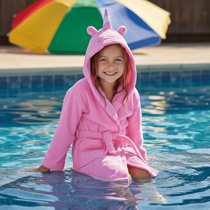 BAGNO MILANO Kids Organic Turkish Cotton Hooded Beach Cover-Up Towel, GOTS Certified, for Boys and Girls (Pink Unicorn, 7-8 Years)