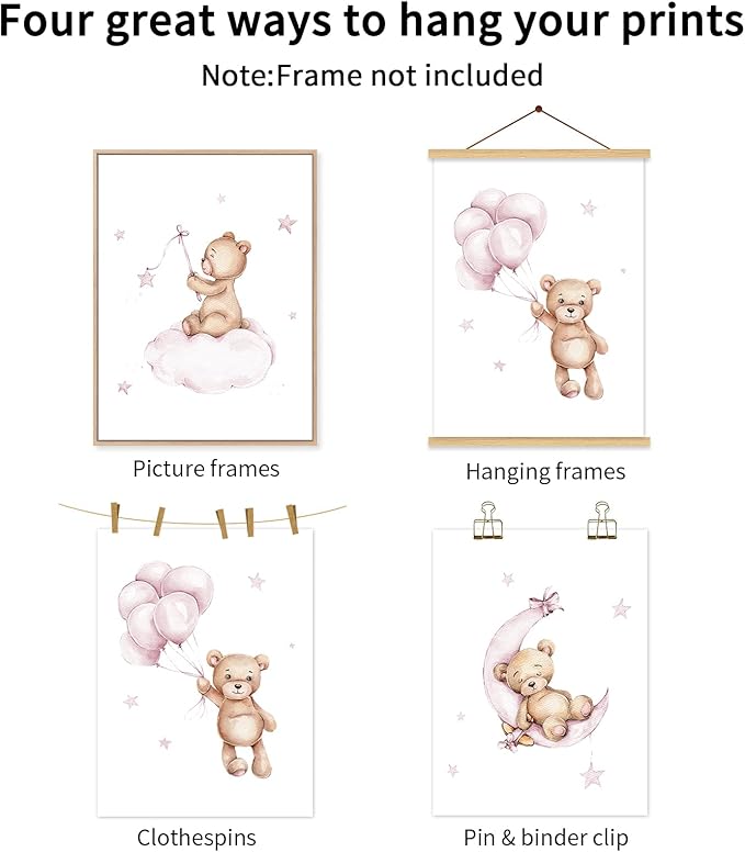 Bear Nursery Wall Art Decor Set of 3 Teddy Bear Wall Art Baby Girl Canvas Wall Decor Pink Pictures Balloon Nursery Children Prints Artwork Moon Star Cloud Art for Boys Room Bedroom 12x16 Inch Unframed