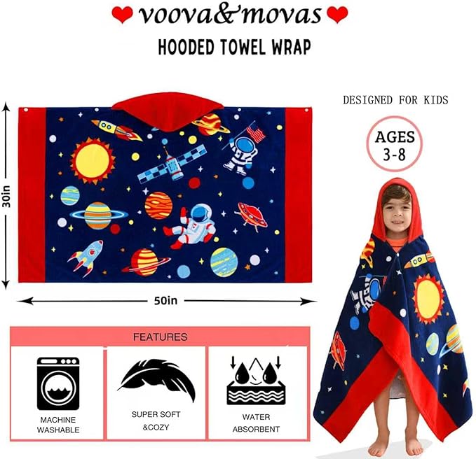 VOOVA & MOVAS Kids Hooded Towels Age 3-8, 30''X50,Soft | Thick | Absorbent Cotton Beach, Bath, Pool Towel | Wrap, Oversized for Boys Girls | Space Theme